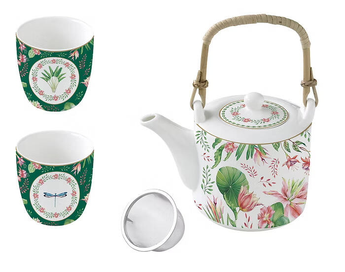 Easy Life Botanic Chic Porselen Çaydanlık ve 2'li Fincan Seti 600 ml / 160 ml - Metal Demlikli - 1