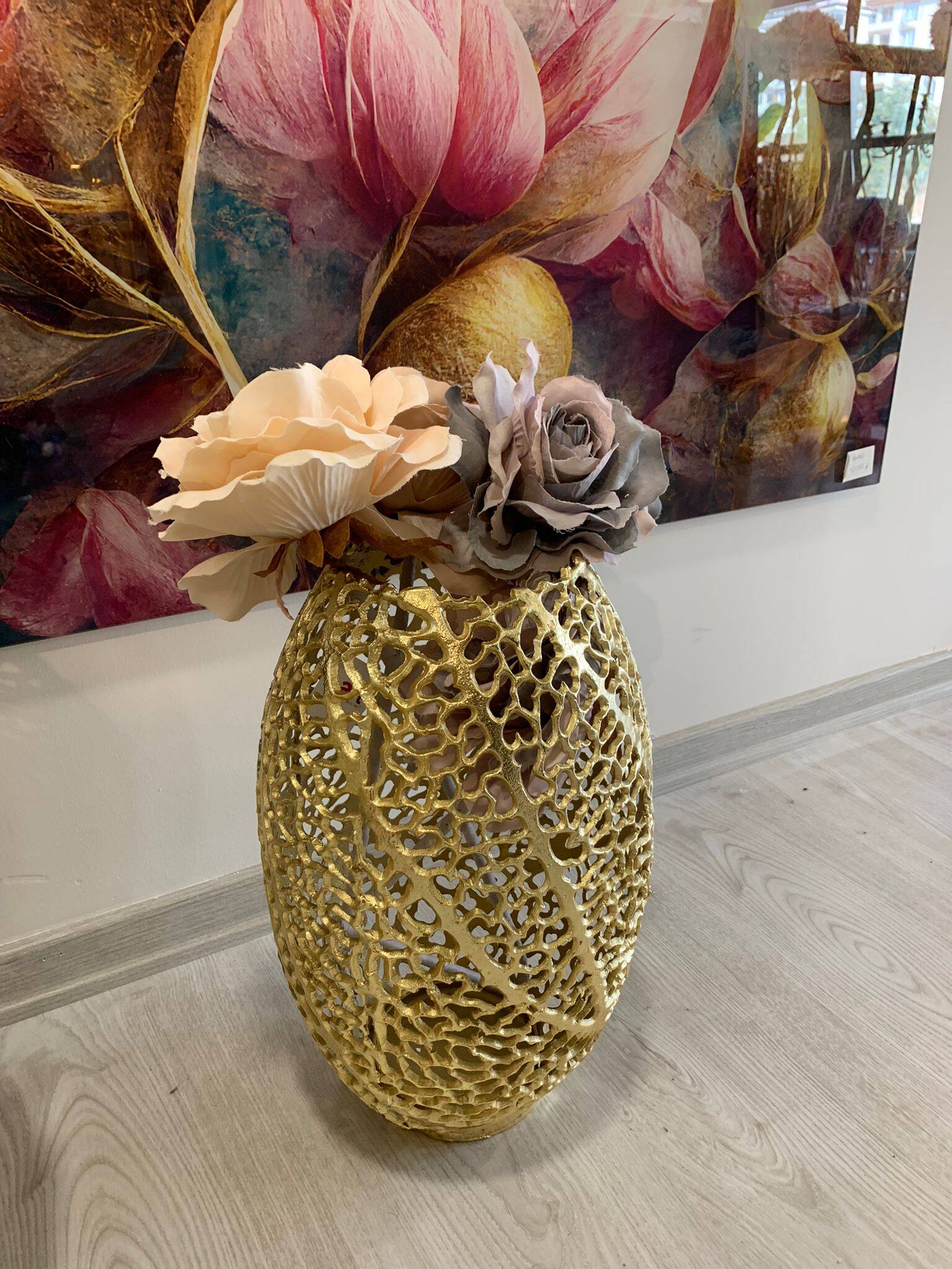METAL DELİKLİ VAZO ALTIN PİRİNÇ DÖKÜM 25X38 CM - 2