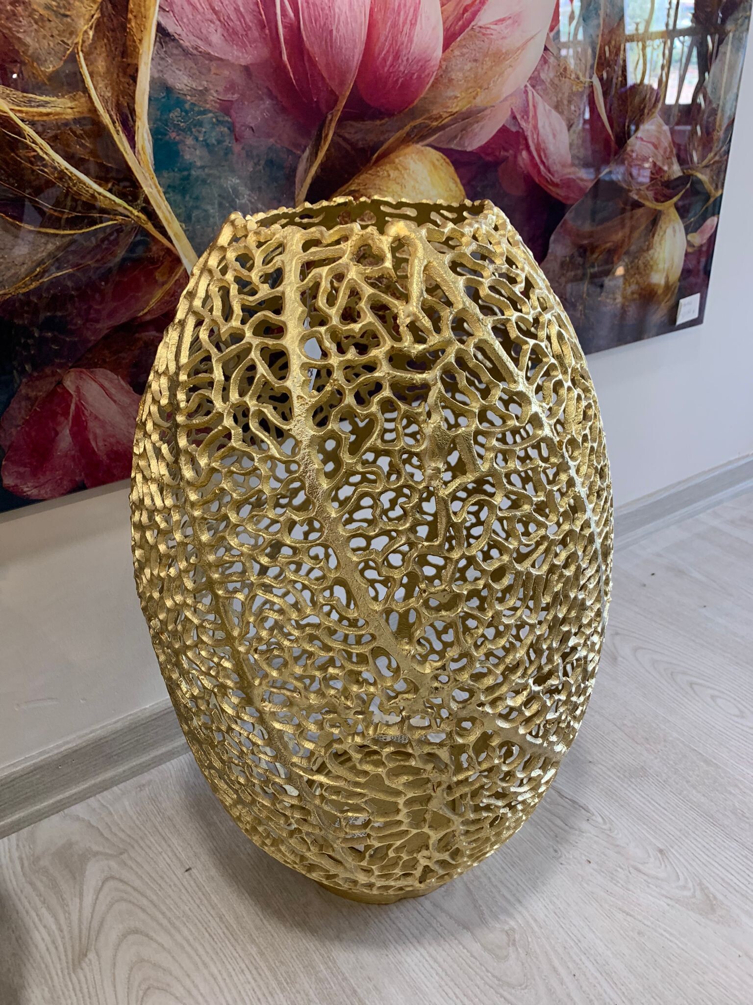 METAL DELİKLİ VAZO ALTIN PİRİNÇ DÖKÜM 33X50 CM - 2