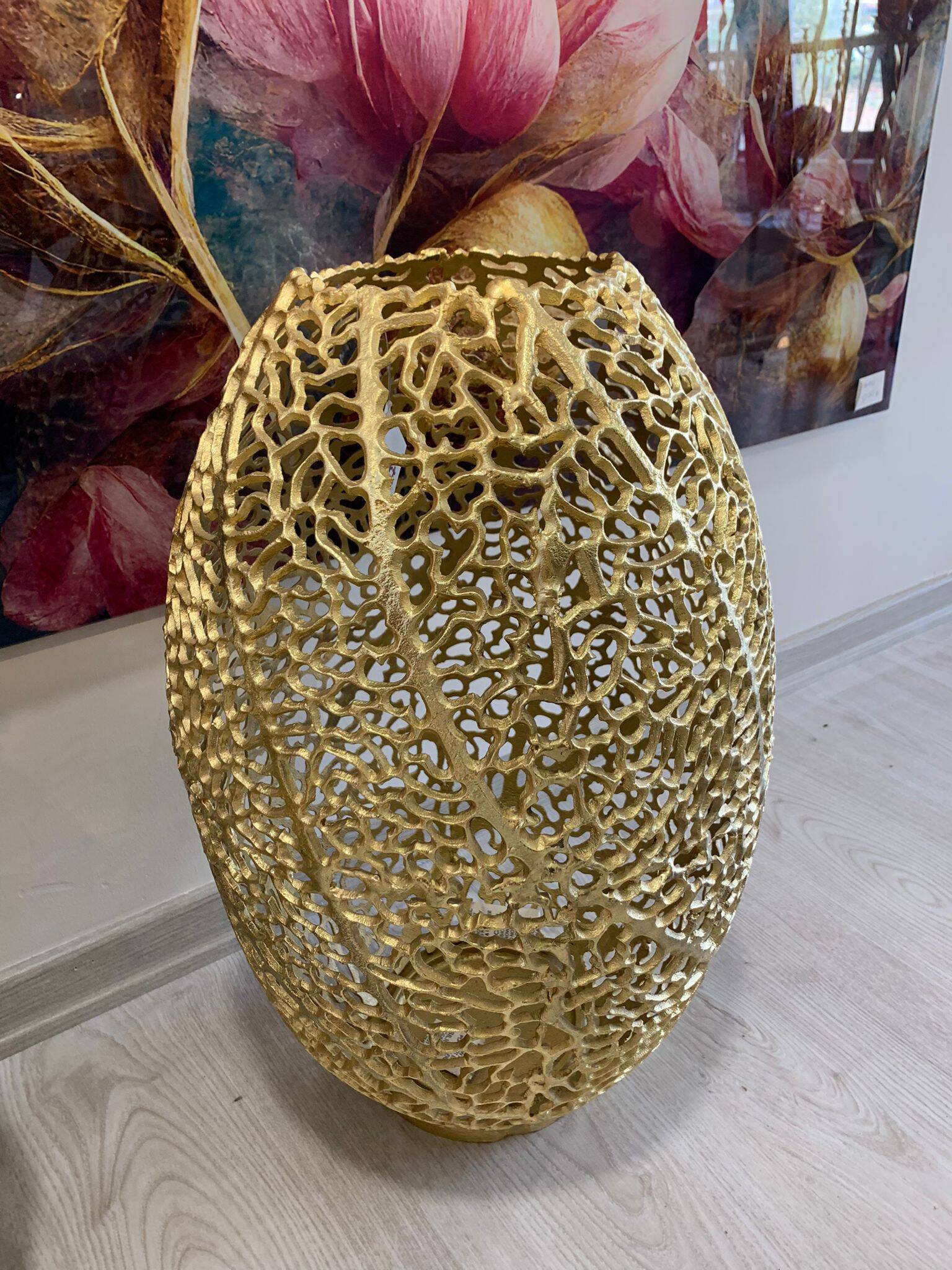 METAL DELİKLİ VAZO ALTIN PİRİNÇ DÖKÜM 33X50 CM - 2