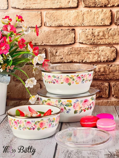 Rose Deluxe 3'lü Emaye Saklama Kabı 14-16-18 Cm - 1