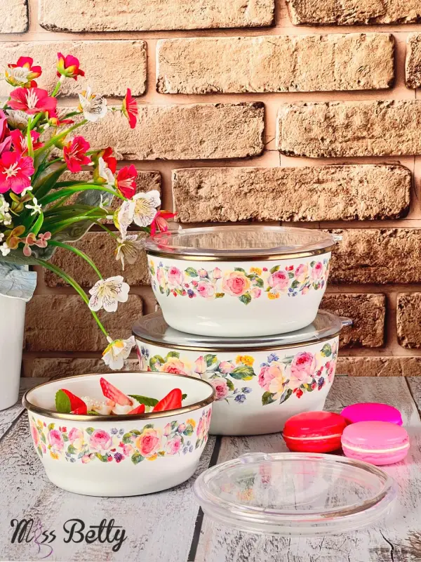Rose Deluxe 3'lü Emaye Saklama Kabı 14-16-18 Cm - 1